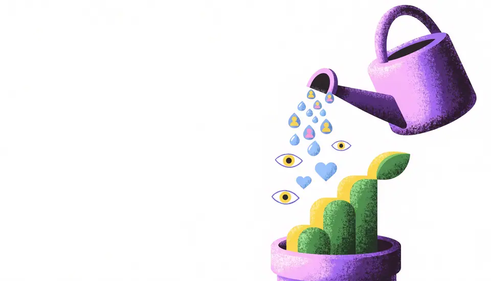 Watering can pouring droplets that grow into a rising chart — gradual growth