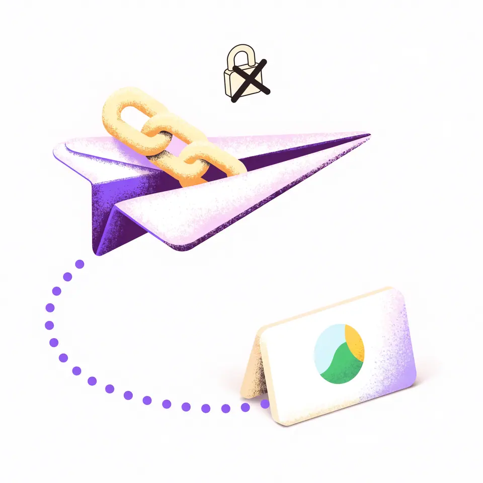Paper plane carrying a link to a profile card — tell us where, no password