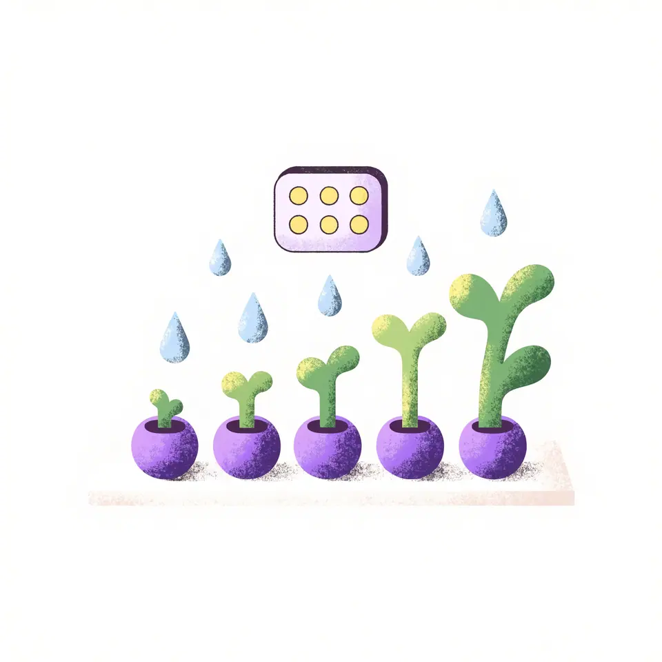 Row of sprouts growing day by day — delivery spread over time