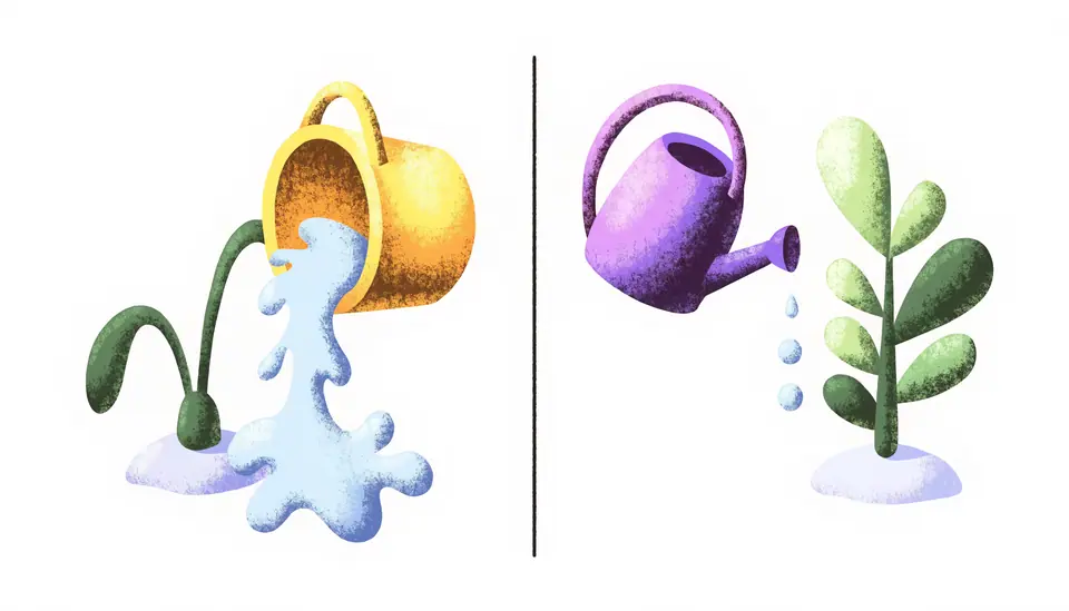 Bucket dumping water vs watering can — instant vs drip